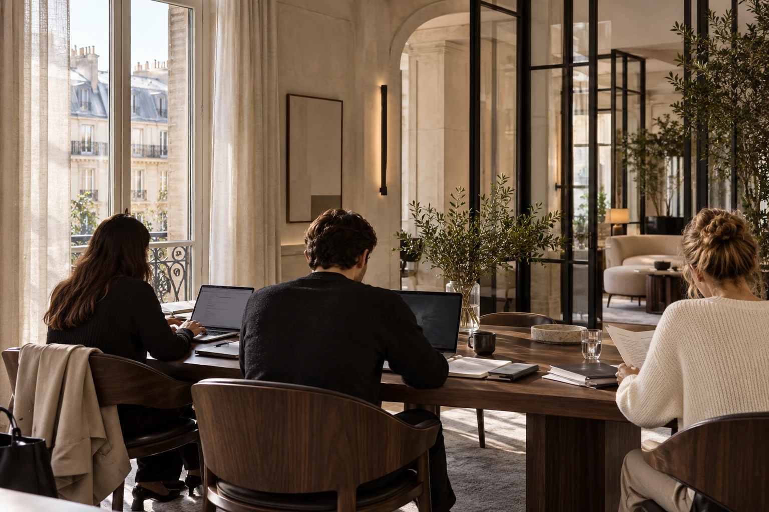 Entrepreneurs travaillant de dos dans un espace partagé parisien